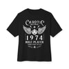 black shirt with the text "chaotic neutral 1974 role-player tabletop style", an ideal gift for your nerd friend who likes dungeons and dragons.