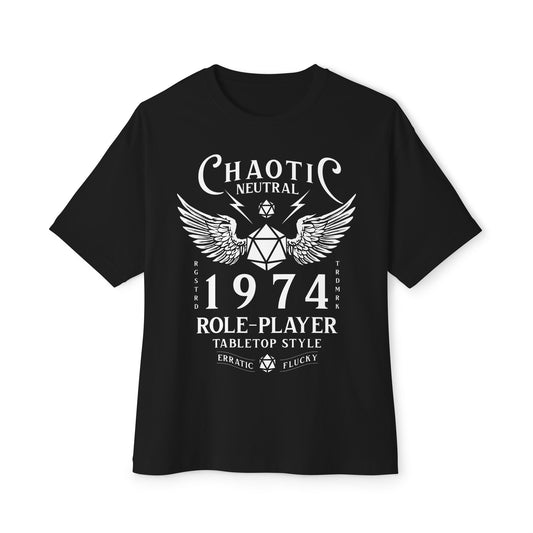 black shirt with the text "chaotic neutral 1974 role-player tabletop style", an ideal gift for your nerd friend who likes dungeons and dragons.