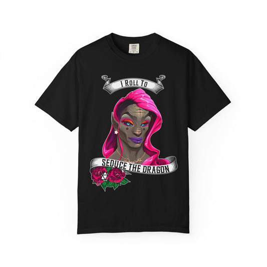 I Roll to Seduce the Dragon T-Shirt | Funny DnD Shirt for Gamers & Dice Rollers - Bold & Colorful Design