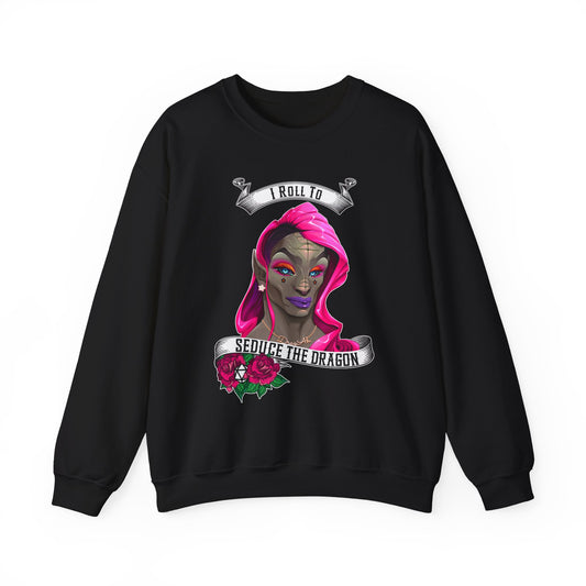 I Roll to Seduce the Dragon Crewneck Sweatshirt | Funny DnD Gamer Apparel with Tattoo-Style Dragon