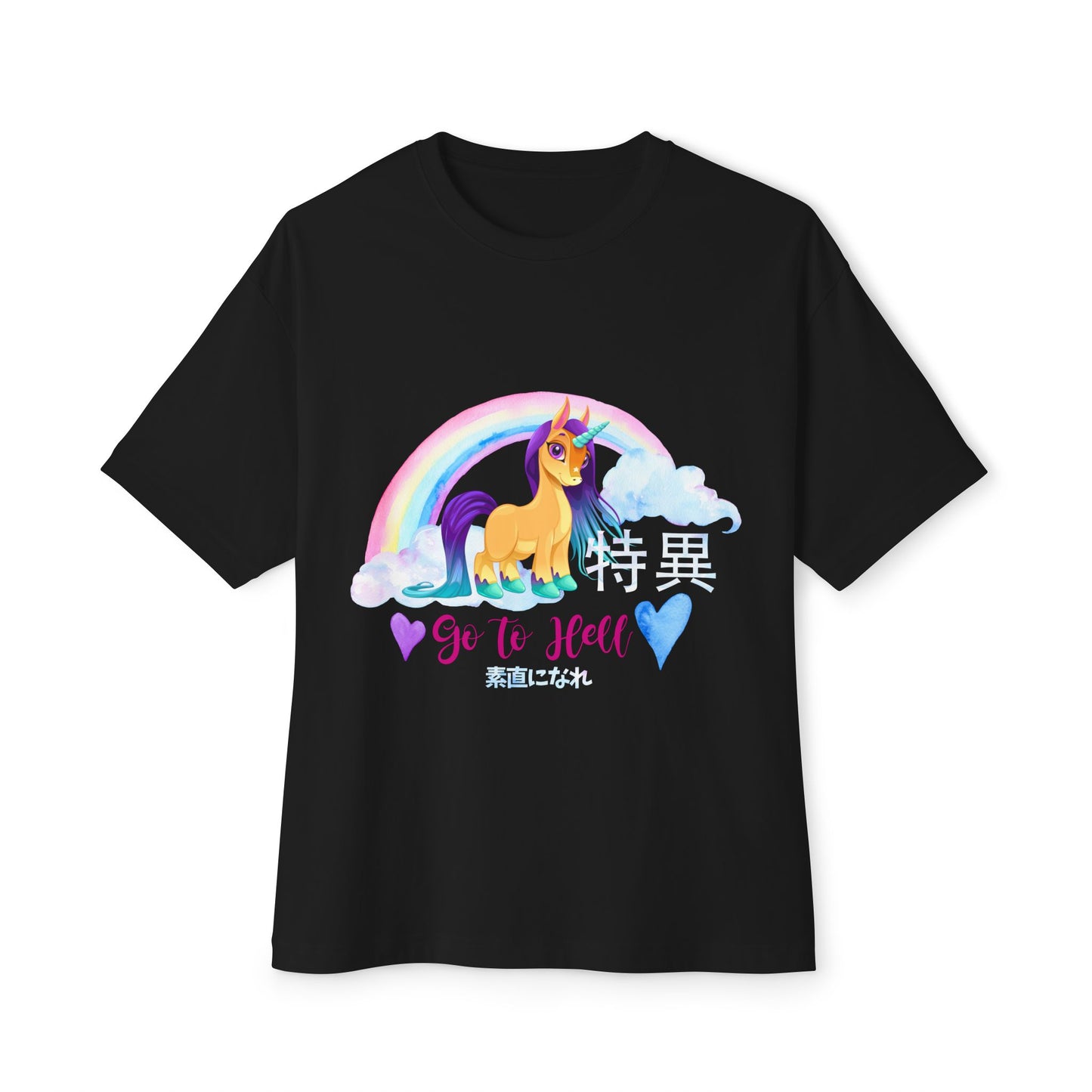 black kawaii t-shirt with a unicorn in the style of My Little Pony and the text "go to hell", with Japanese letters anime style.
