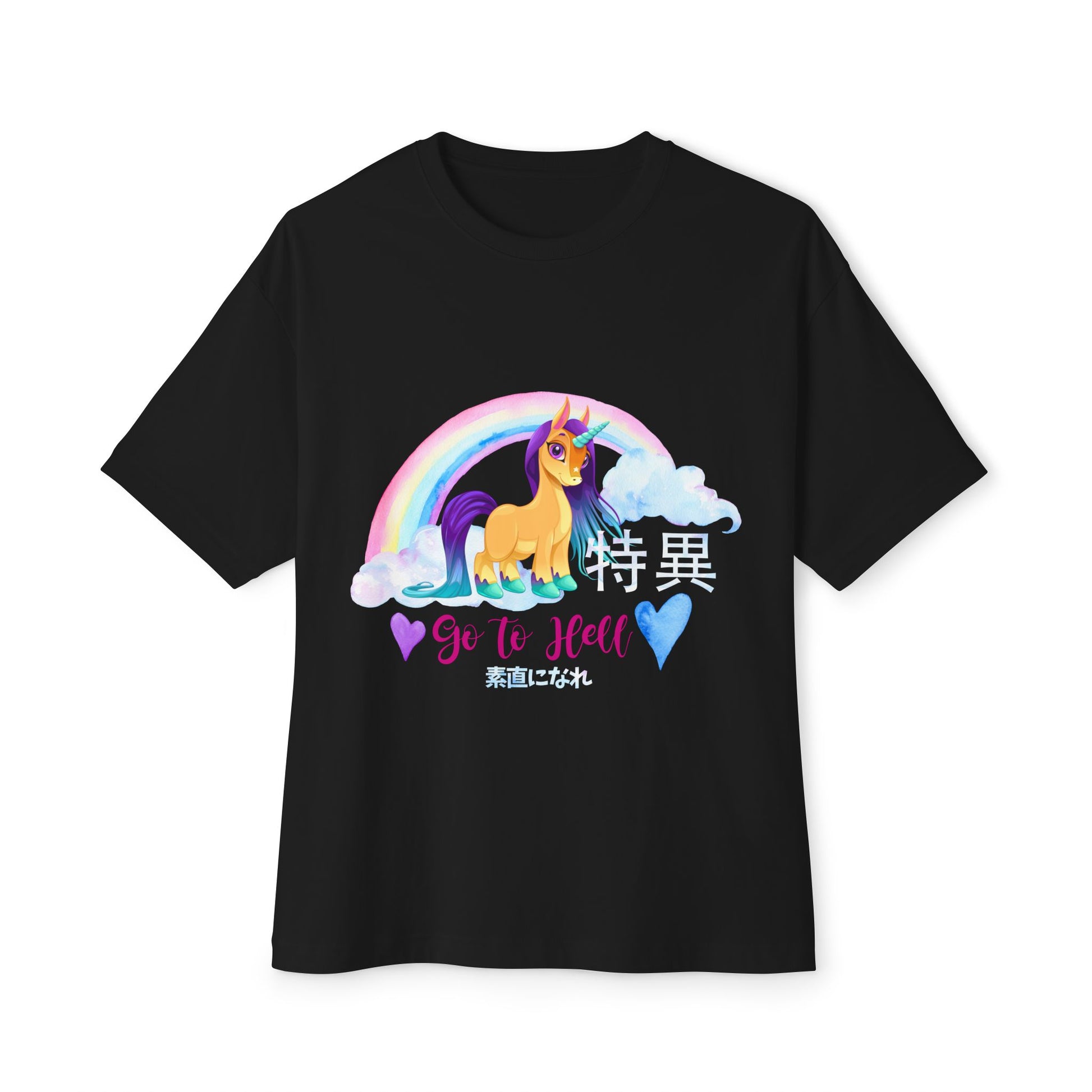 black kawaii t-shirt with a unicorn in the style of My Little Pony and the text "go to hell", with Japanese letters anime style.