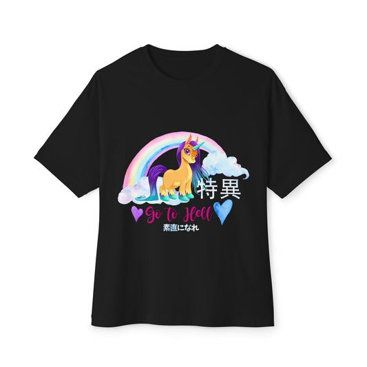black kawaii t-shirt with a unicorn in the style of My Little Pony and the text "go to hell", with Japanese letters anime style.