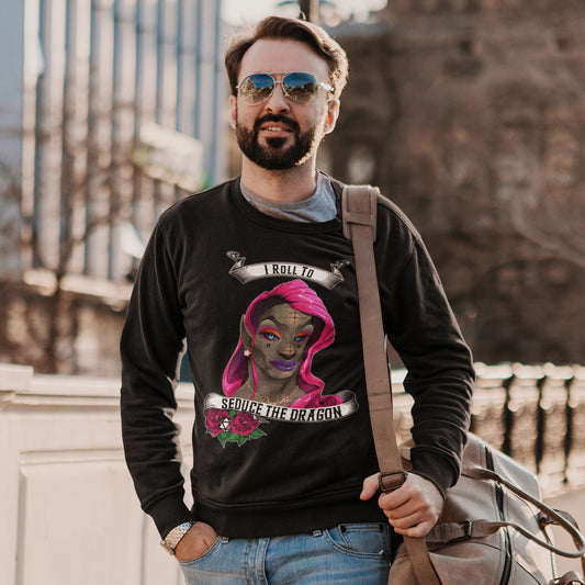 I Roll to Seduce the Dragon Crewneck Sweatshirt | Funny DnD Gamer Apparel with Tattoo-Style Dragon
