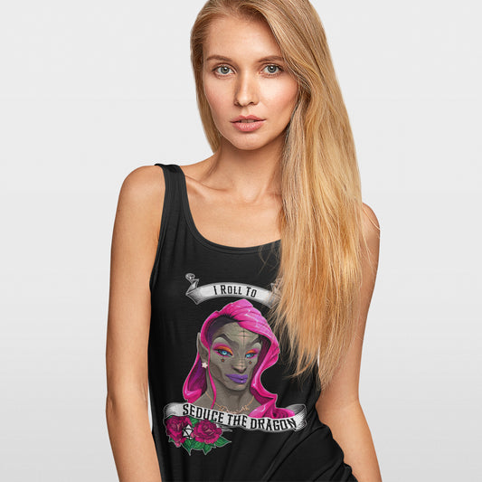 I Roll to Seduce the Dragon Tank Top | Funny DnD Nerd Workout Shirt with Tattoo-Style Dragon