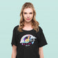 studio picture of a woman with a black kawaii t-shirt with a unicorn in the style of My Little Pony and the text "go to hell", with Japanese letters anime style.