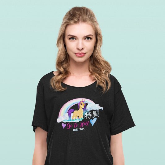 studio picture of a woman with a black kawaii t-shirt with a unicorn in the style of My Little Pony and the text "go to hell", with Japanese letters anime style.